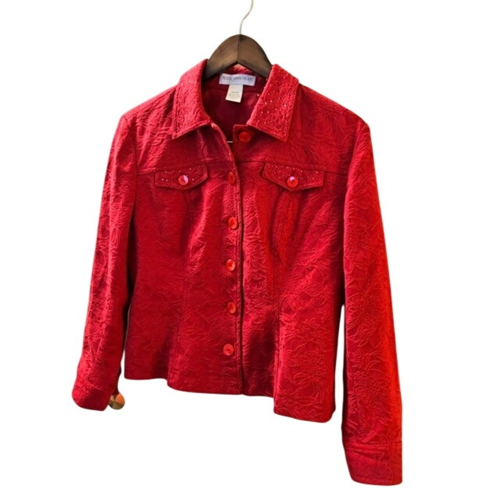 Vintage Petite Sophisticate Red Jacquard Beaded Jacket M Floral Textured Blazer